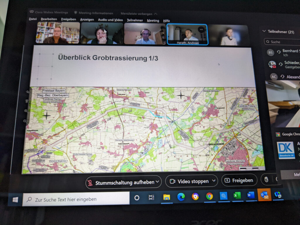 Das Foto zeigt einen Screenshot während der Informationsveranstaltung seitens TenneT – mit dem Verlauf des Korridors der Trasse durch den Landkreis Dachau.